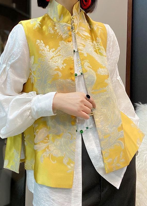 Chinese Style Yellow Stand Collar Embroidered Silk Vest Sleeveless