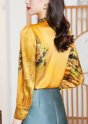 Chinese Style Yellow Stand Collar Print Draping Fine Silk Shirt Tops Long Sleeve