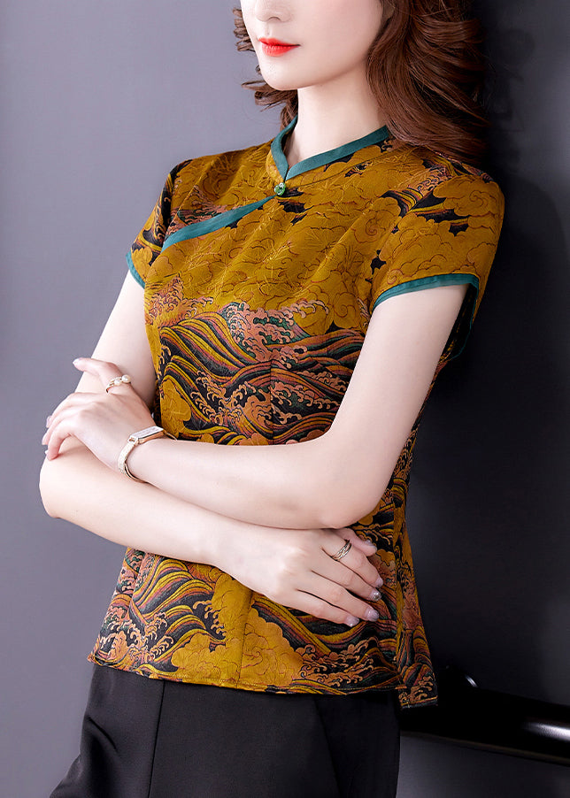 Chinese Style Yellow Stand Collar Print Silk Blouses Summer