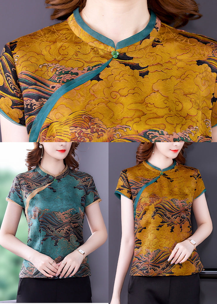 Chinese Style Yellow Stand Collar Print Silk Blouses Summer