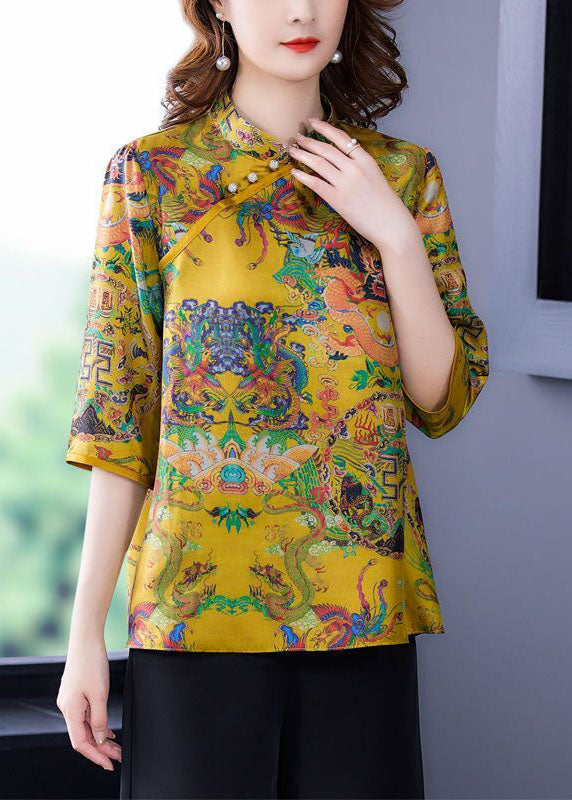 Chinese Style Yellow Stand Collar Print Silk Shirt Top Half Sleeve