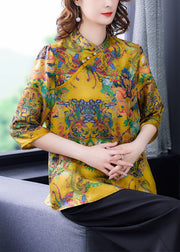 Chinese Style Yellow Stand Collar Print Silk Shirt Top Half Sleeve