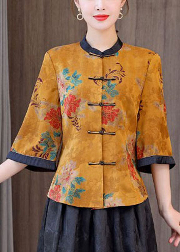 Chinese Style Yellow Stand Collar Print Silk Two Pieces Set Half Sleeve