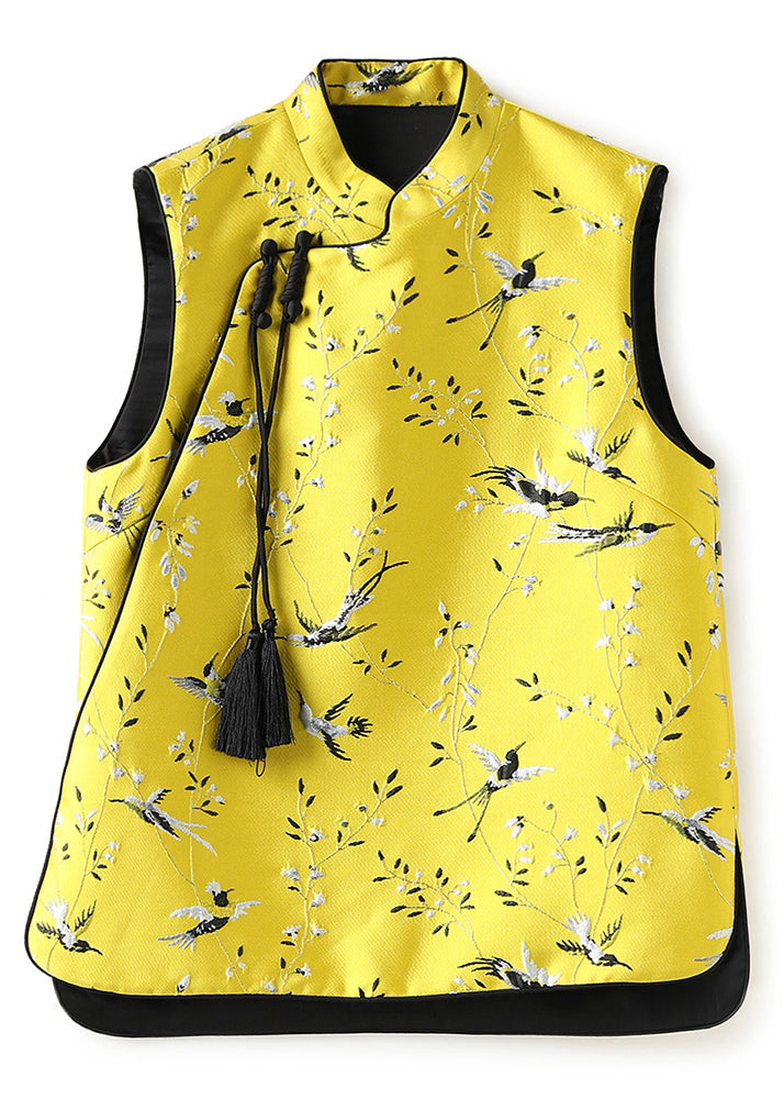 Chinese Style Yellow Tasseled Embroidered Patchwork Silk Vest Sleeveless