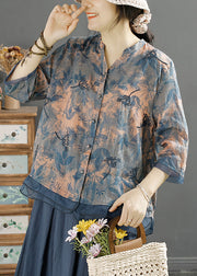 Chinese Style Yellow V Neck Embroidered Linen Shirt Top Summer