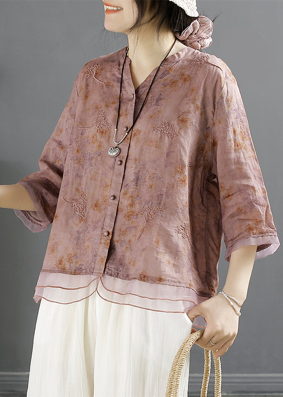 Chinese Style Yellow V Neck Embroidered Linen Shirt Top Summer