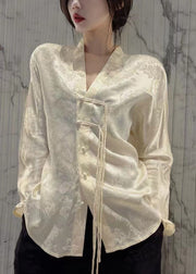 Chinese Style Yellow V Neck Jacquard Silk shirt Tops Long Sleeve