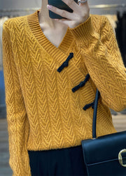 Chinese Style Yellow V Neck Oriental Button Wool Sweater Spring