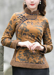 Chinese Style Chocolate side open Stand Collar button Print Fine Cotton Filled tops Winter