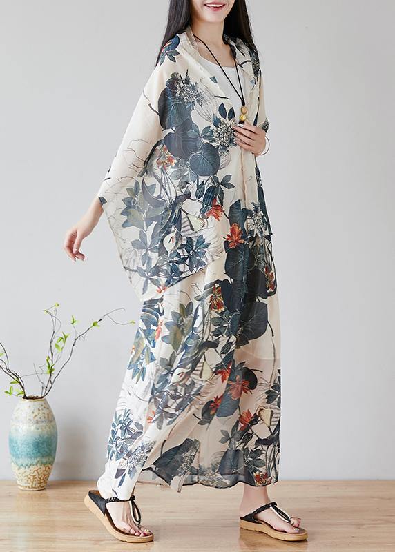 Chinese style nude color printing retro loose large size casual chiffon skirt pants wide leg pants skirt + shawl - SooLinen