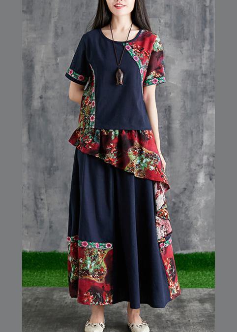 Chinese style summer black print cotton linen stitching small fresh and  temperament summer two-piece - SooLinen