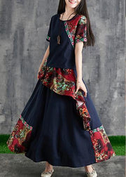 Chinese style summer black print cotton linen stitching small fresh and  temperament summer two-piece - SooLinen