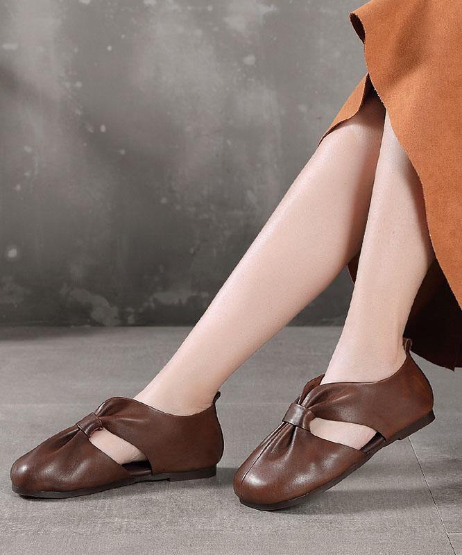 Chocolate Beautiful Hollow Out Flat Feet Shoes Cowhide Leather - SooLinen