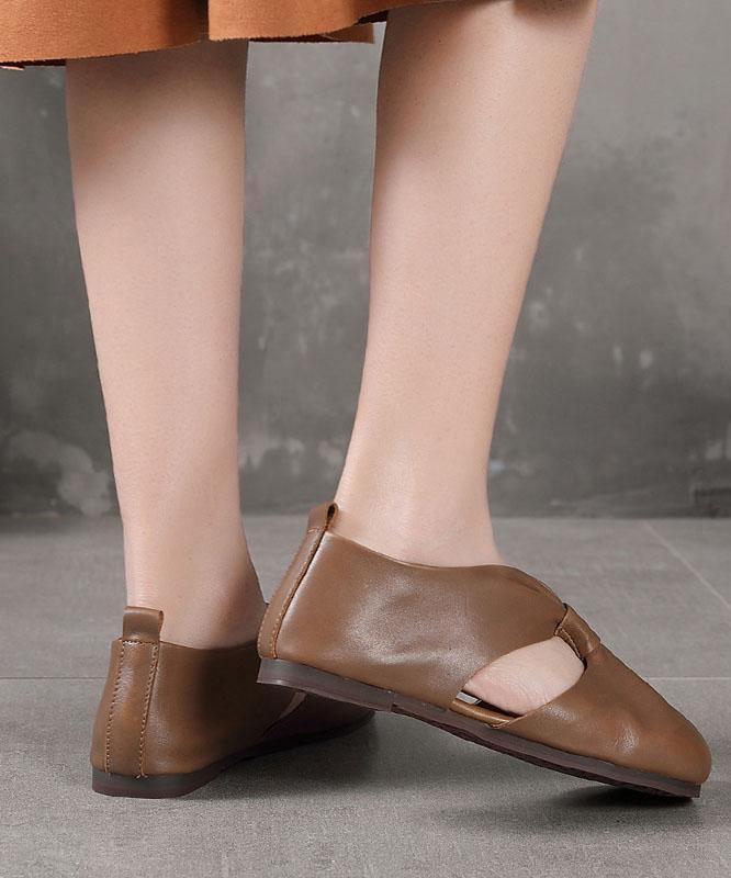 Chocolate Beautiful Hollow Out Flat Feet Shoes Cowhide Leather - SooLinen
