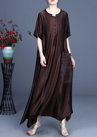 Chocolate Button Design Pockets Summer Silk Ankle Dress - SooLinen