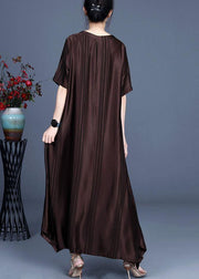 Chocolate Button Design Pockets Summer Silk Ankle Dress - SooLinen