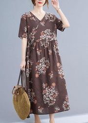 Chocolate Casual Retro Print Summer Vacation Dresses Short Sleeve - SooLinen