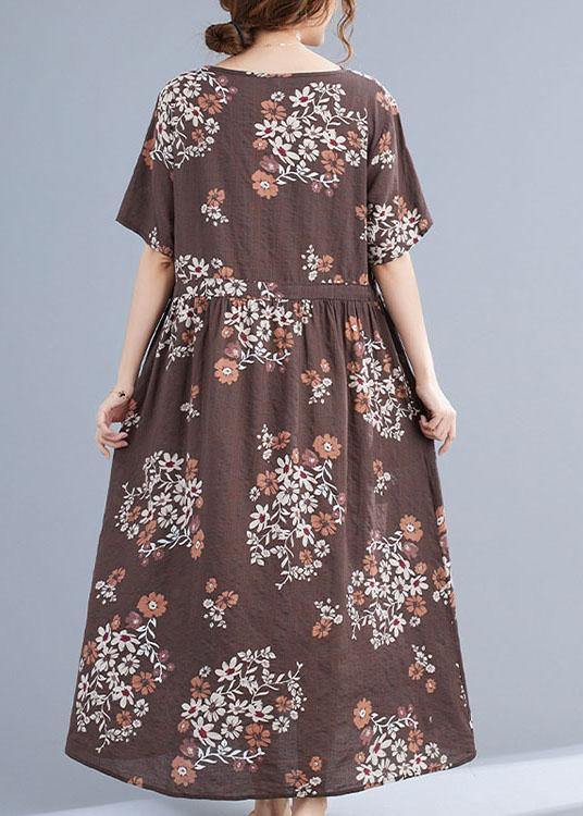 Chocolate Casual Retro Print Summer Vacation Dresses Short Sleeve - SooLinen