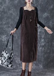 Chocolate Corduroy Strap Dress Oversized Pockets Fall