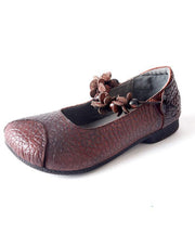 Chocolate Cowhide Leather Buckle Strap Loafers For Women - SooLinen