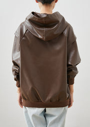Chocolate Faux Leather Loose Sweatshirt Hooded Fall