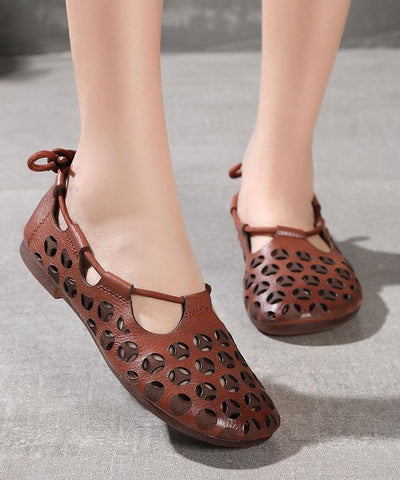 Chocolate Flat Shoes Cowhide Leather Vintage Hollow Out Flats - SooLinen