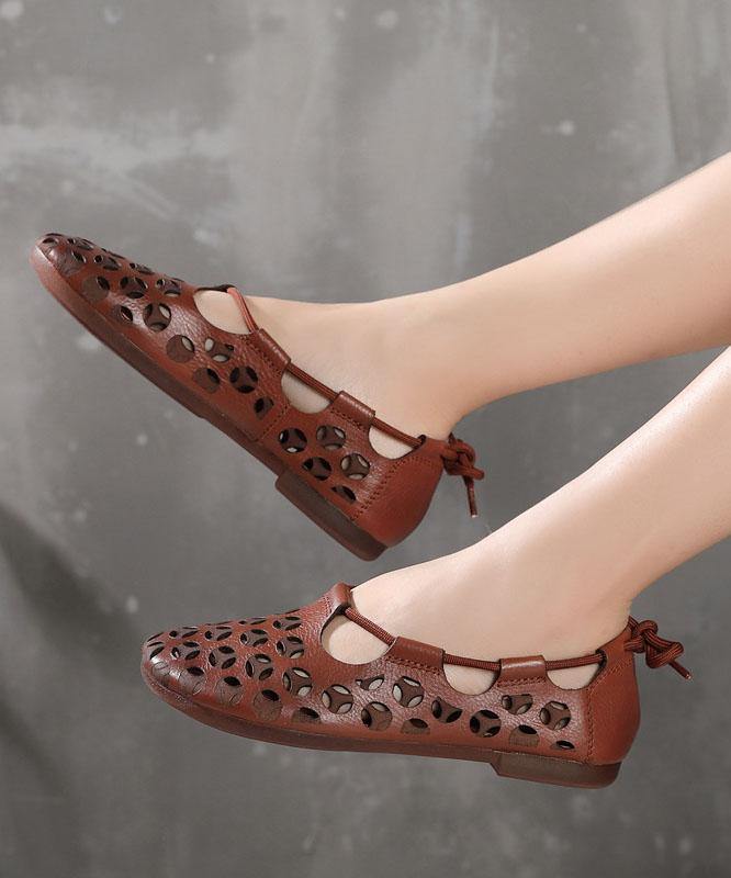 Chocolate Flat Shoes Cowhide Leather Vintage Hollow Out Flats - SooLinen