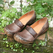Chocolate Genuine Leather Vintage Flats  Flat Feet Shoes - SooLinen