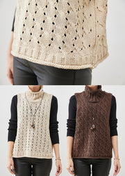 Chocolate Hollow Out Knit Vests Turtle Neck Spring