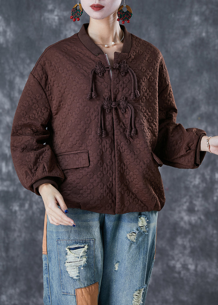 Chocolate Jacquard Cotton Jacket Tasseled Oversized Fall