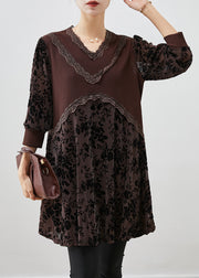 Chocolate Jacquard Patchwork Silk Velour Dresses V Neck Fall
