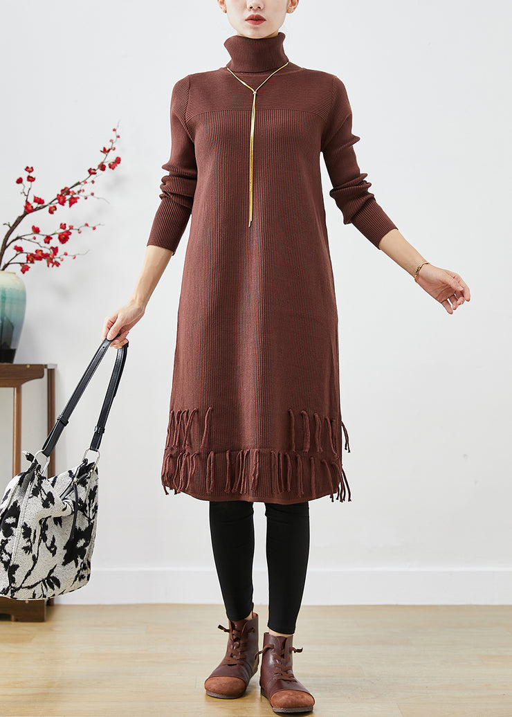 Chocolate Knit Sweater Dress High Neck Tasseled Fall