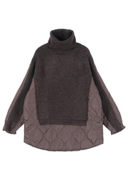 Chocolate Knitted high neck combed rhombic Plaid Cotton Sweater - SooLinen