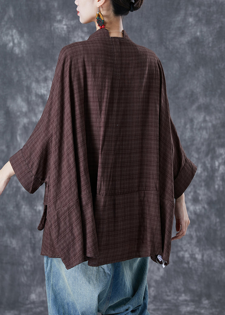 Chocolate Loose Linen Shirt Stand Collar Pockets Batwing Sleeve
