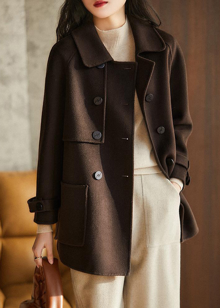 Chocolate Loose Woolen Trench Peter Pan Collar Double Breast Fall
