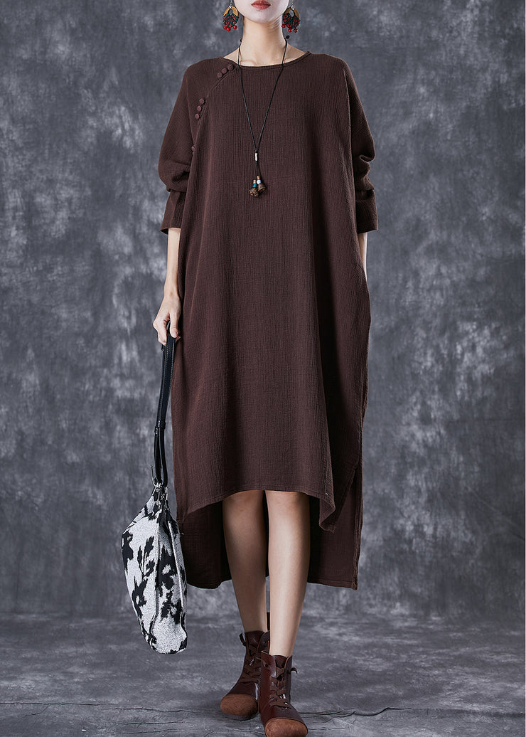 Chocolate Oversized Linen Dresses Low High Design Batwing Sleeve