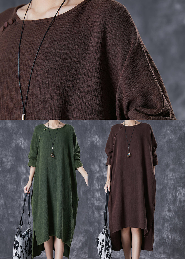 Chocolate Oversized Linen Dresses Low High Design Batwing Sleeve