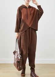 Chocolate Patchwork Corduroy Two Pieces Set Oversized Batwing Sleeve