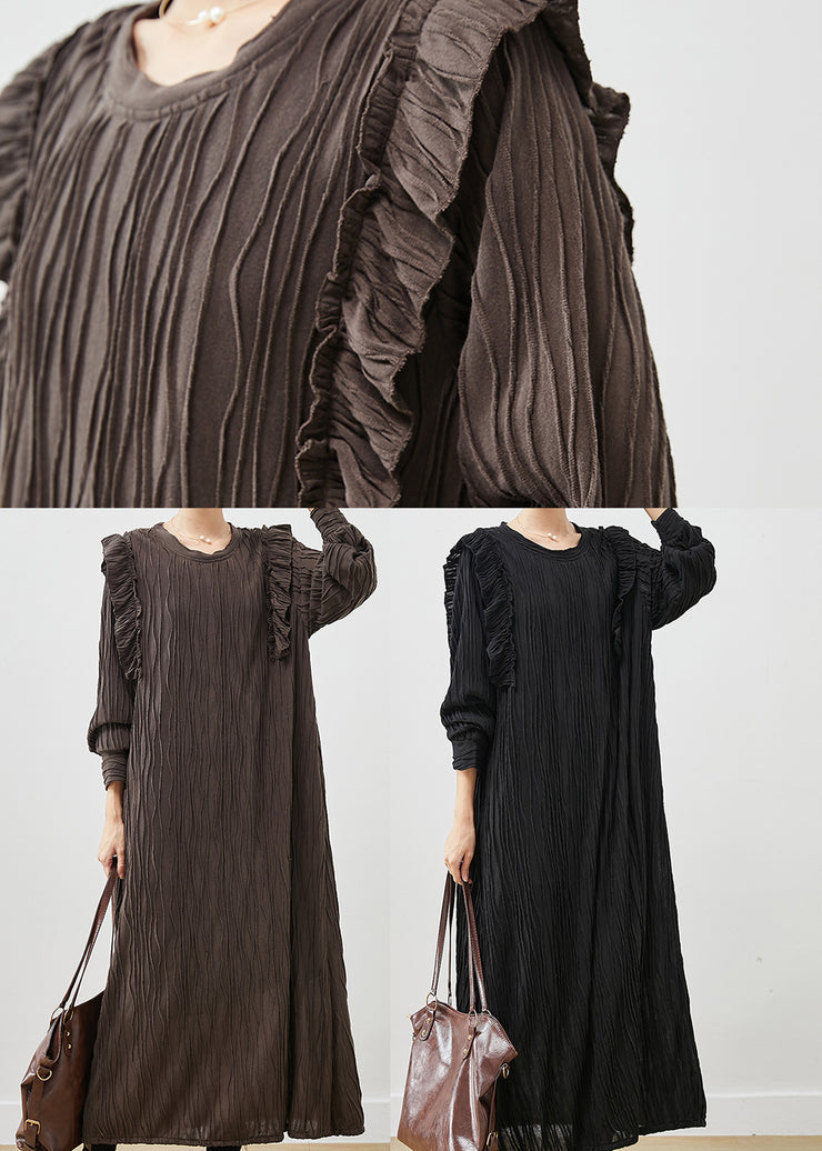 Chocolate Patchwork Cotton Pleated Dress Ruffled Spring