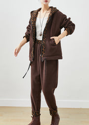 Chocolate Patchwork Leopard Warm Fleece Corduroy Two Piece Set Outfits Winter