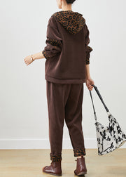 Chocolate Patchwork Leopard Warm Fleece Corduroy Two Piece Set Outfits Winter