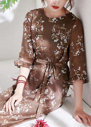 Chocolate Ruffled Patchwork Print Summer Ramie Dress Half Sleeve - SooLinen