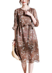 Chocolate Ruffled Patchwork Print Summer Ramie Dress Half Sleeve - SooLinen