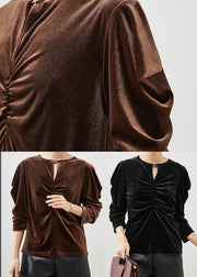Chocolate Silk Velour Blouses Wrinkled Puff Sleeve