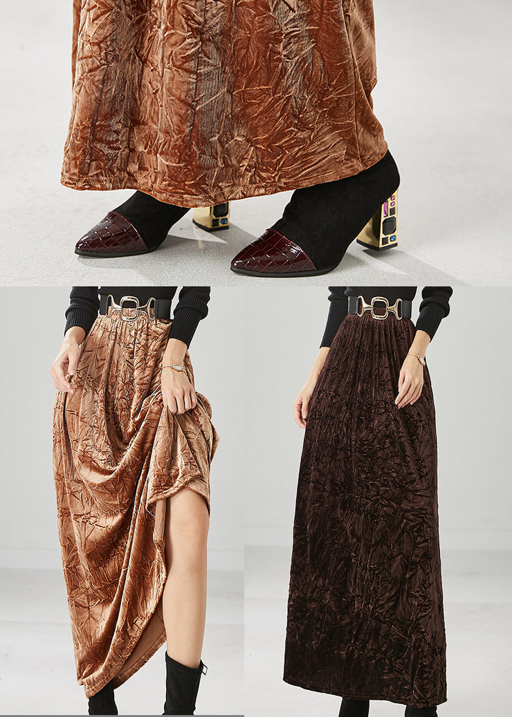 Chocolate Silm Fit Silk Velour Skirts Wrinkled Fall