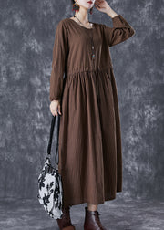 Chocolate Striped Linen Long Dress Cinched Fall