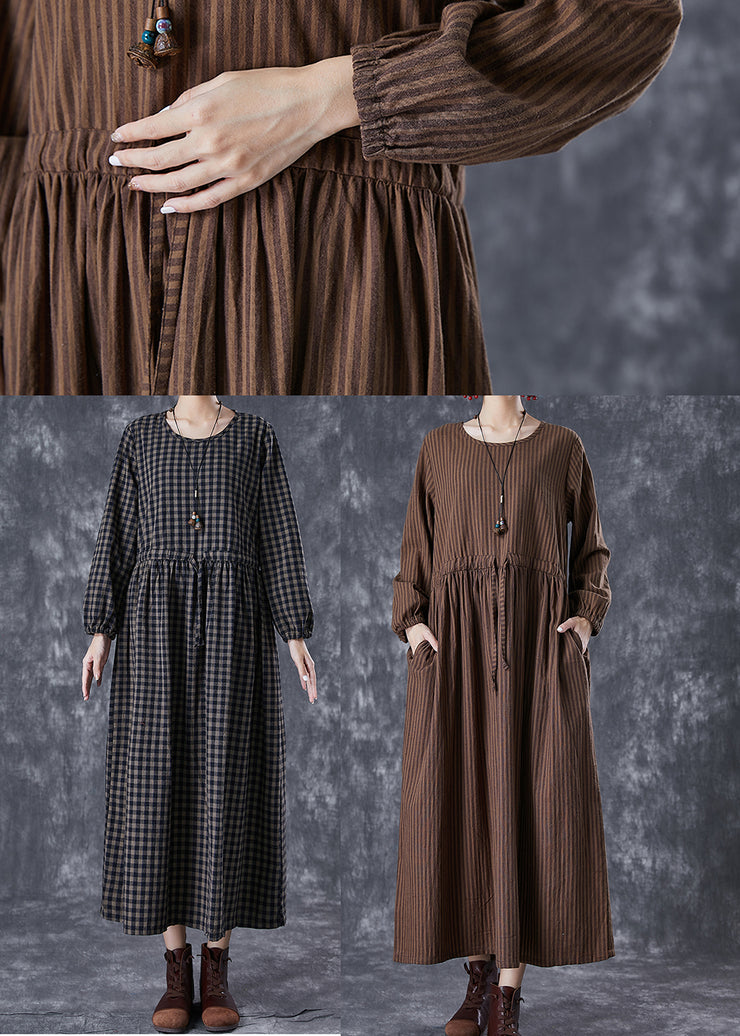 Chocolate Striped Linen Long Dress Cinched Fall