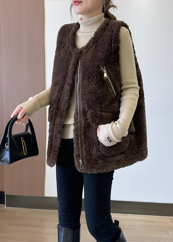 Chocolate Thick Faux Fur Teddy Vests Zip Up Pockets Winter