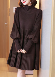 Chocolate Turtleneck Knit Long Dress Lantern Sleeve