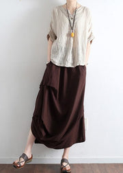Schokoladenfarbene Leinenröcke mit seitlichem Kordelzug, asymmetrisches, übergroßes Baumwollrock-Outfit